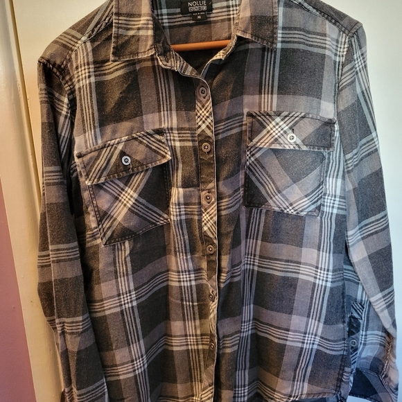 Nollie womens long sleeve flannel shirt, gray/wh checkers sz M flat buttons - Picture 1 of 4